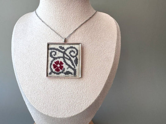 Unique hand embroidered pendant inspired by Barcelona tiles, set in custom silver frame - Ornamentico shop