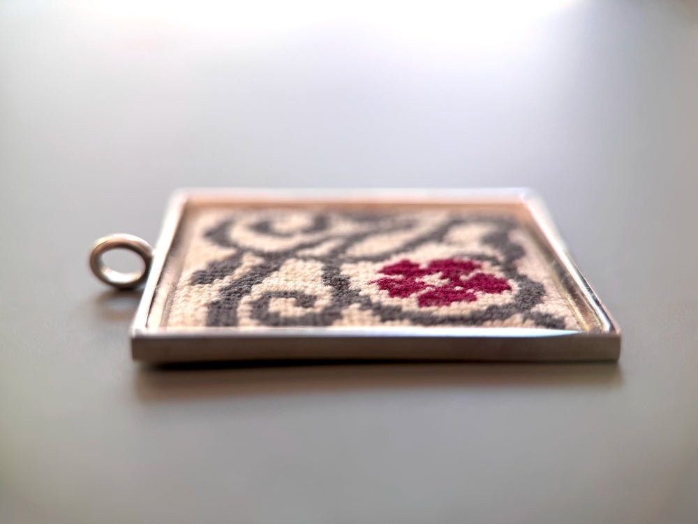 Unique hand embroidered pendant inspired by Barcelona tiles, set in custom silver frame - Ornamentico shop