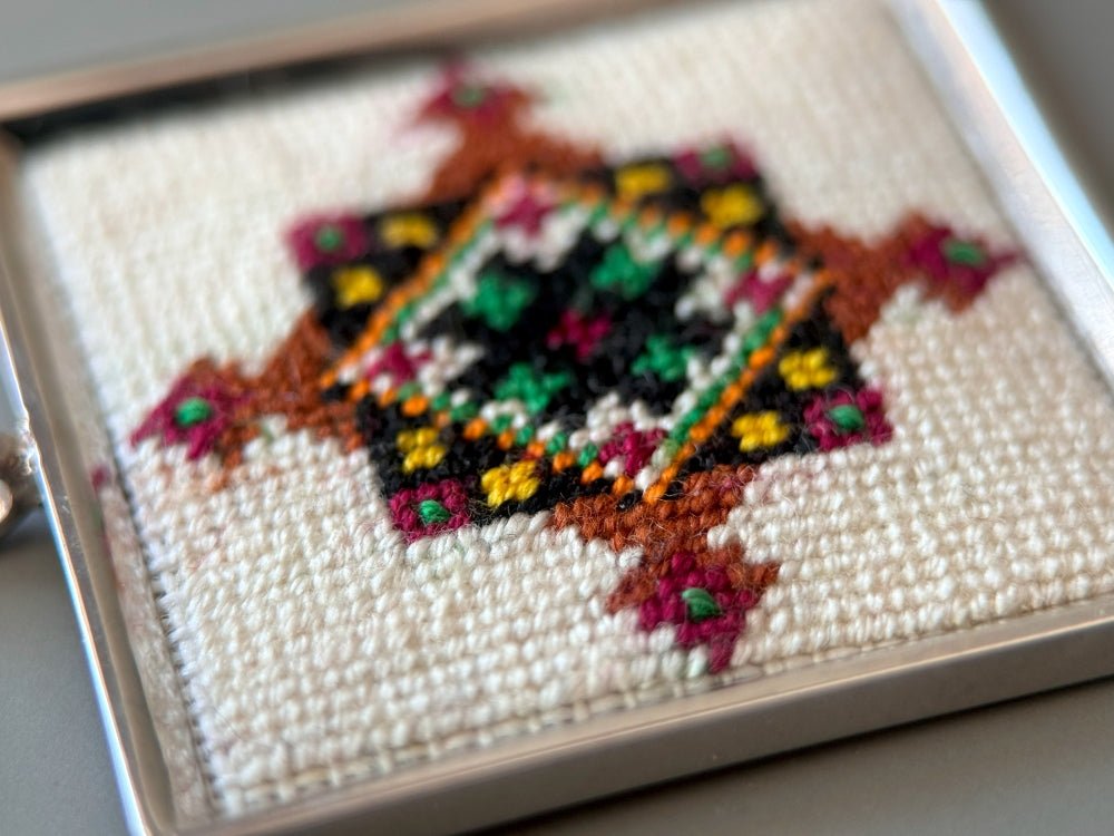 Unique hand embroidered pendant in oriental design, set in custom silver frame - Ornamentico shop