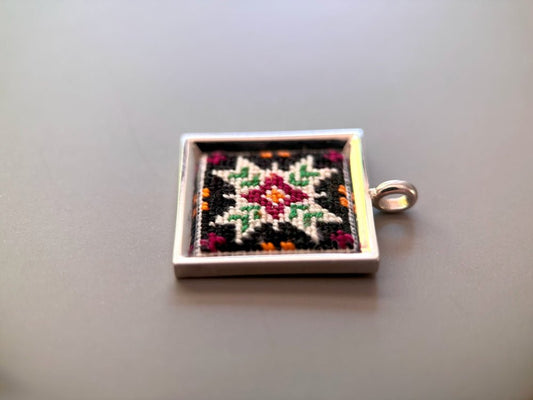Unique hand embroidered pendant in oriental design inspired by traditional Turkish carpets and set in custom silver frame - Ornamentico shop