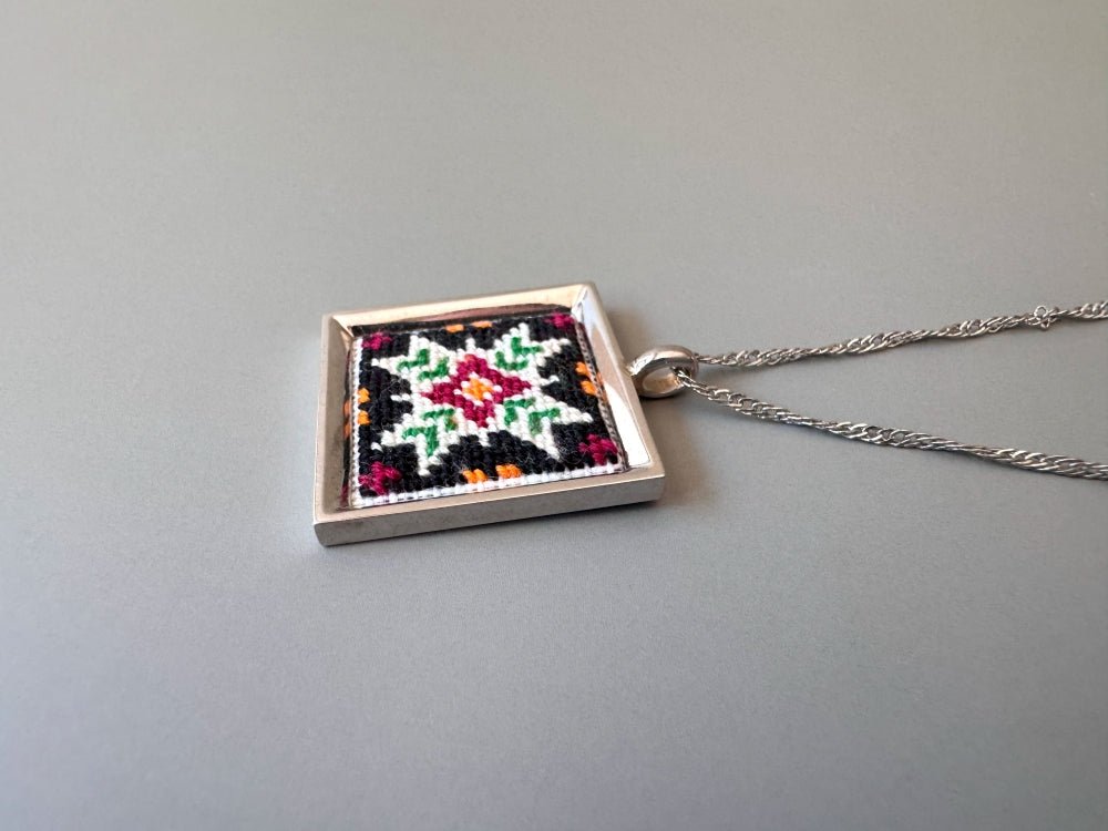 Unique hand embroidered pendant in oriental design inspired by traditional Turkish carpets and set in custom silver frame - Ornamentico shop