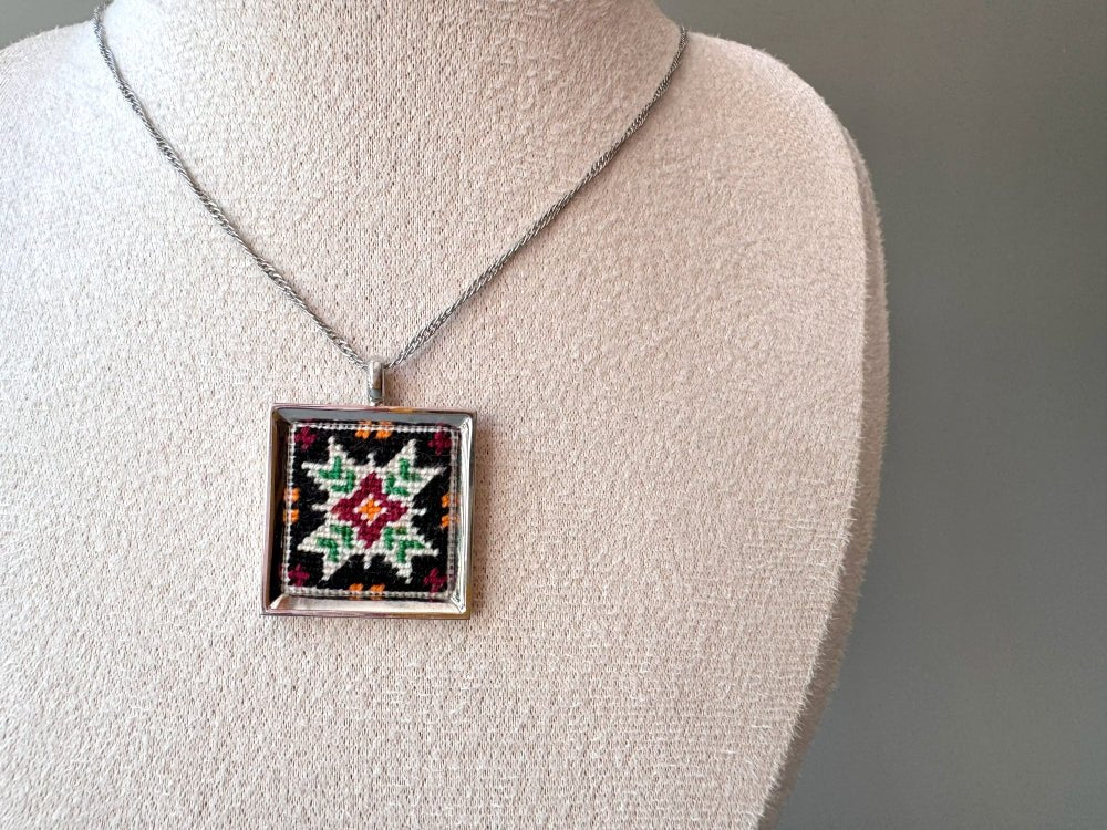 Unique hand embroidered pendant in oriental design inspired by traditional Turkish carpets and set in custom silver frame - Ornamentico shop