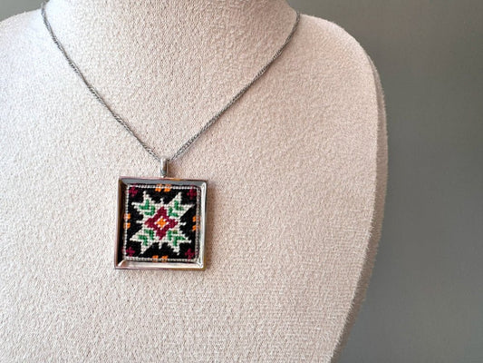 Unique hand embroidered pendant in oriental design inspired by traditional Turkish carpets and set in custom silver frame - Ornamentico shop