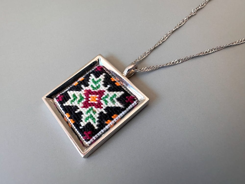 Unique hand embroidered pendant in oriental design inspired by traditional Turkish carpets and set in custom silver frame - Ornamentico shop