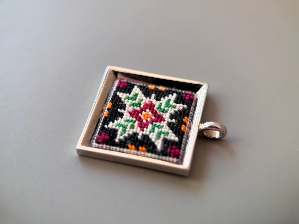 Unique hand embroidered pendant in oriental design inspired by traditional Turkish carpets and set in custom silver frame - Ornamentico shop