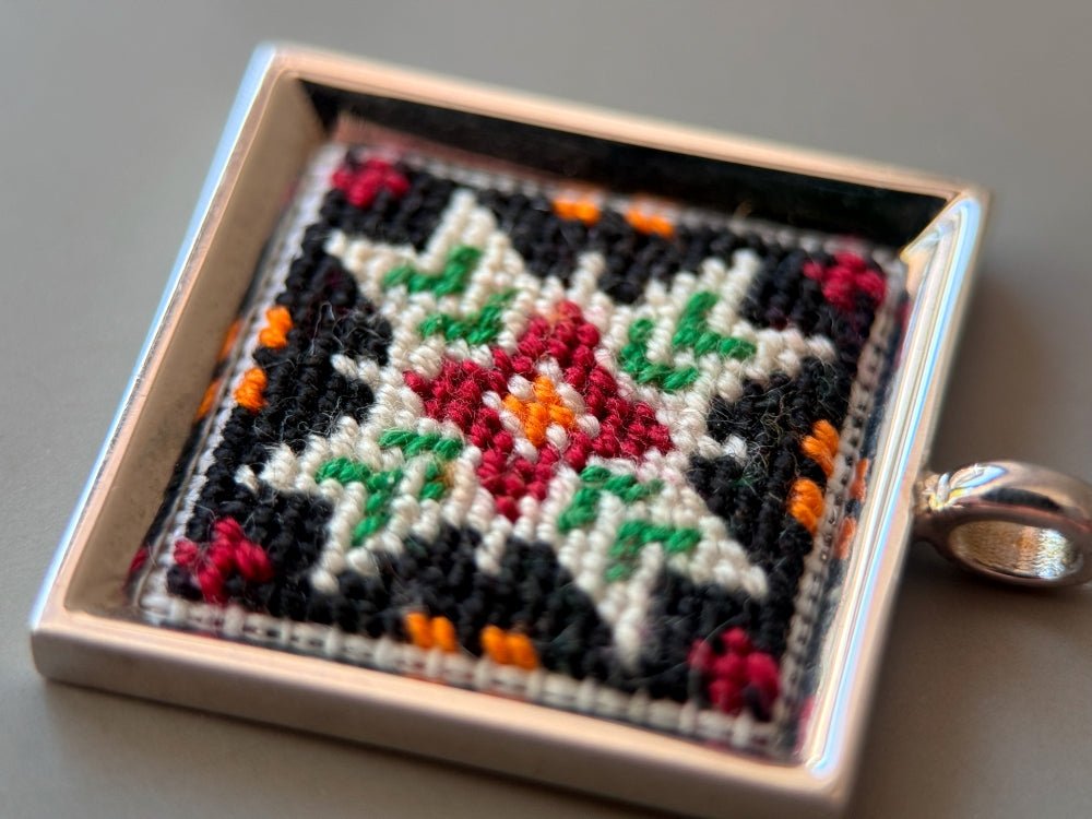 Unique hand embroidered pendant in oriental design inspired by traditional Turkish carpets and set in custom silver frame - Ornamentico shop