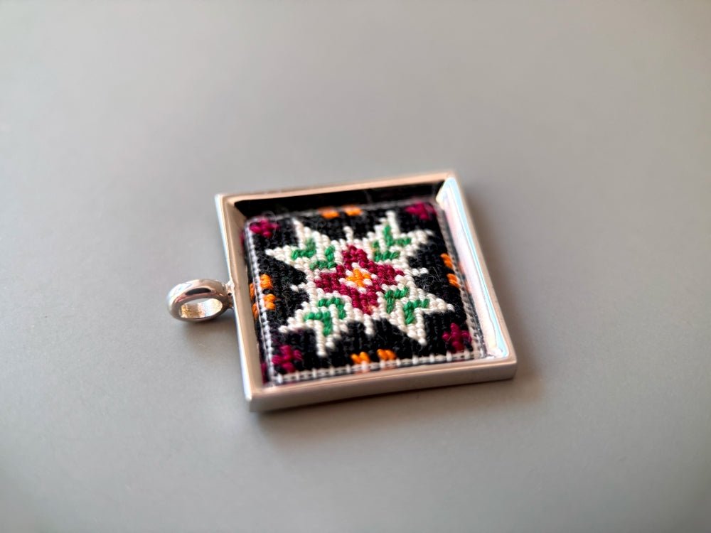 Unique hand embroidered pendant in oriental design inspired by traditional Turkish carpets and set in custom silver frame - Ornamentico shop