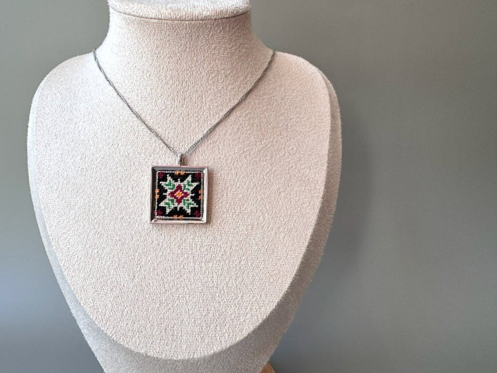 Unique hand embroidered pendant in oriental design inspired by traditional Turkish carpets and set in custom silver frame - Ornamentico shop
