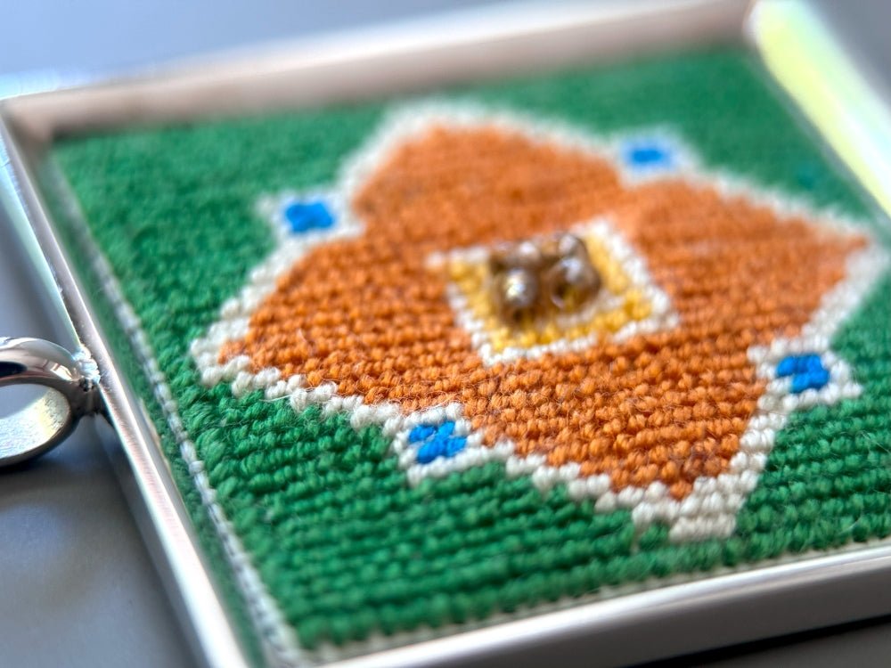 Unique hand embroidered pendant in oriental design inspired by traditional Turkish tiles and carpets, set in custom silver frame - Ornamentico shop