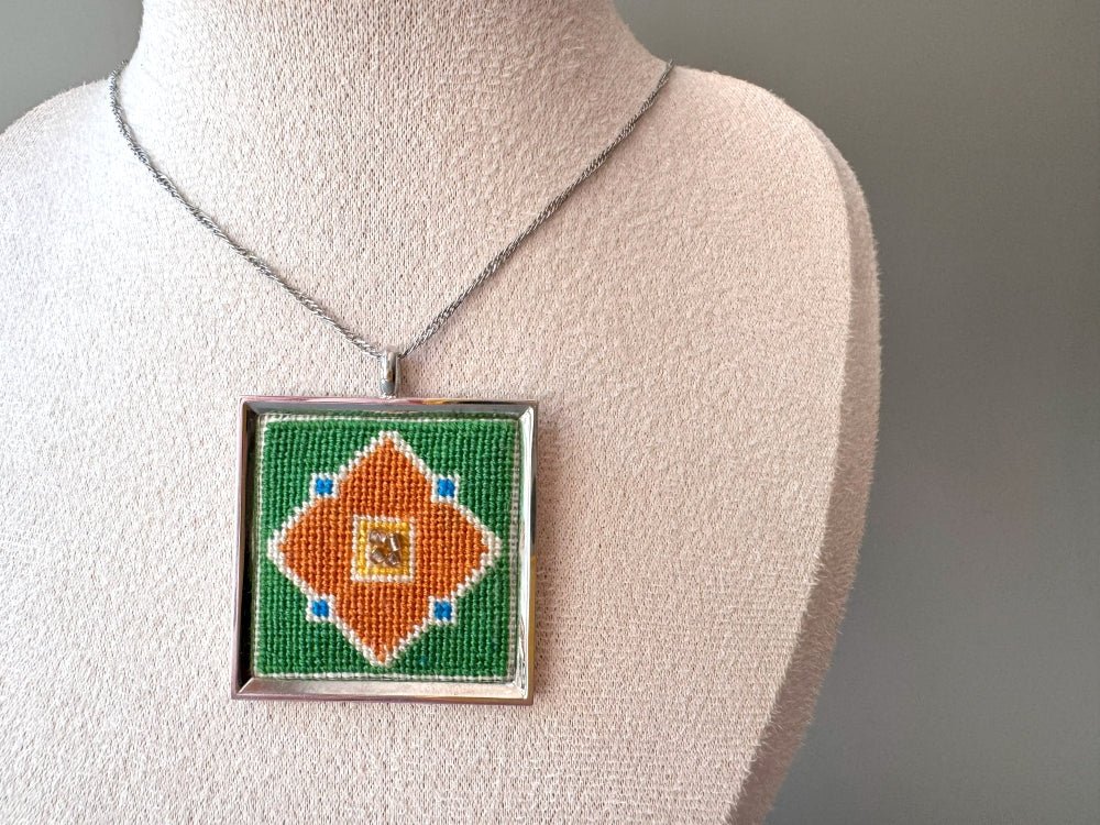 Unique hand embroidered pendant in oriental design inspired by traditional Turkish tiles and carpets, set in custom silver frame - Ornamentico shop