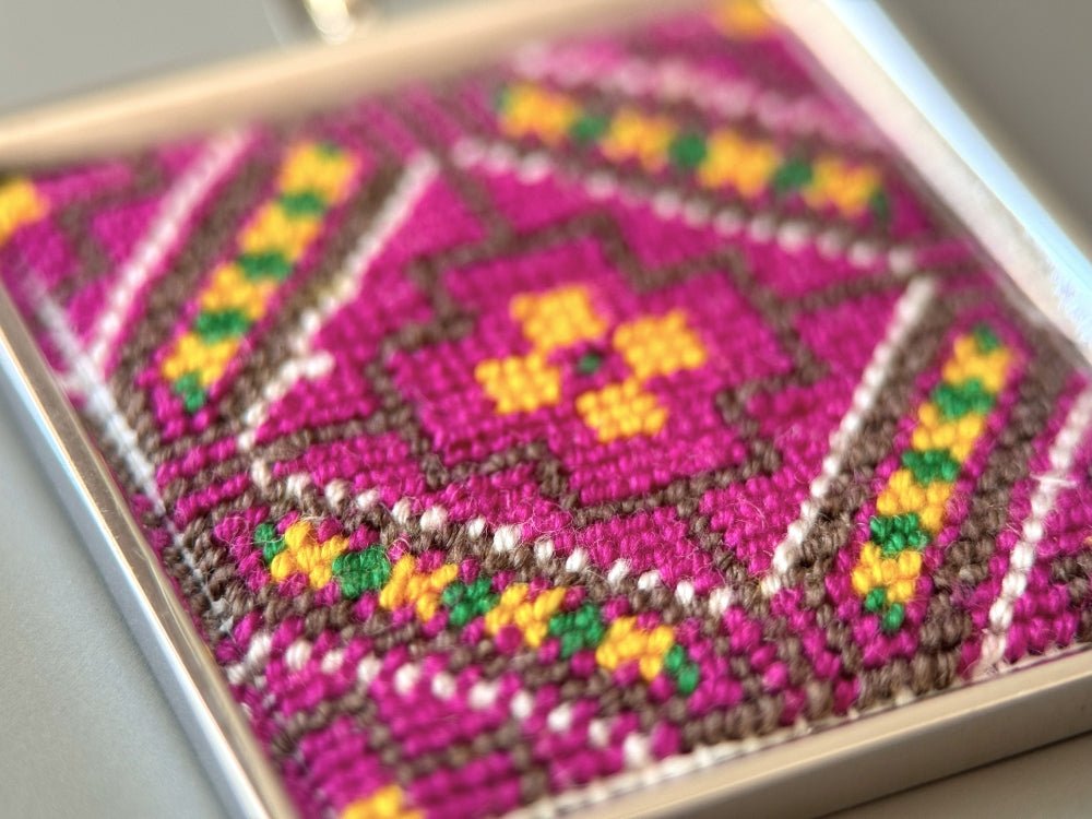 Unique hand embroidered pendant in oriental design inspired by traditional Turkish carpets, set in custom silver frame - Ornamentico shop