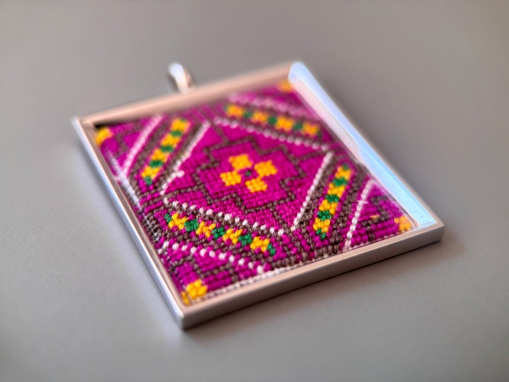 Unique hand embroidered pendant in oriental design inspired by traditional Turkish carpets, set in custom silver frame - Ornamentico shop