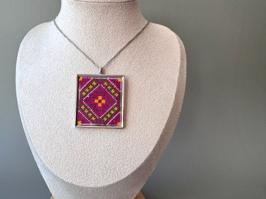 Unique hand embroidered pendant in oriental design inspired by traditional Turkish carpets, set in custom silver frame - Ornamentico shop