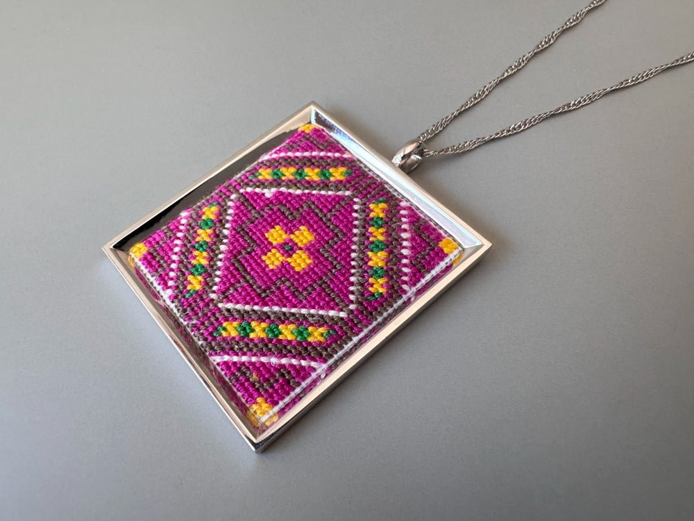 Unique hand embroidered pendant in oriental design inspired by traditional Turkish carpets, set in custom silver frame - Ornamentico shop