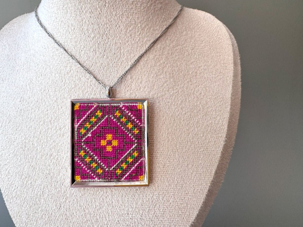 Unique hand embroidered pendant in oriental design inspired by traditional Turkish carpets, set in custom silver frame - Ornamentico shop