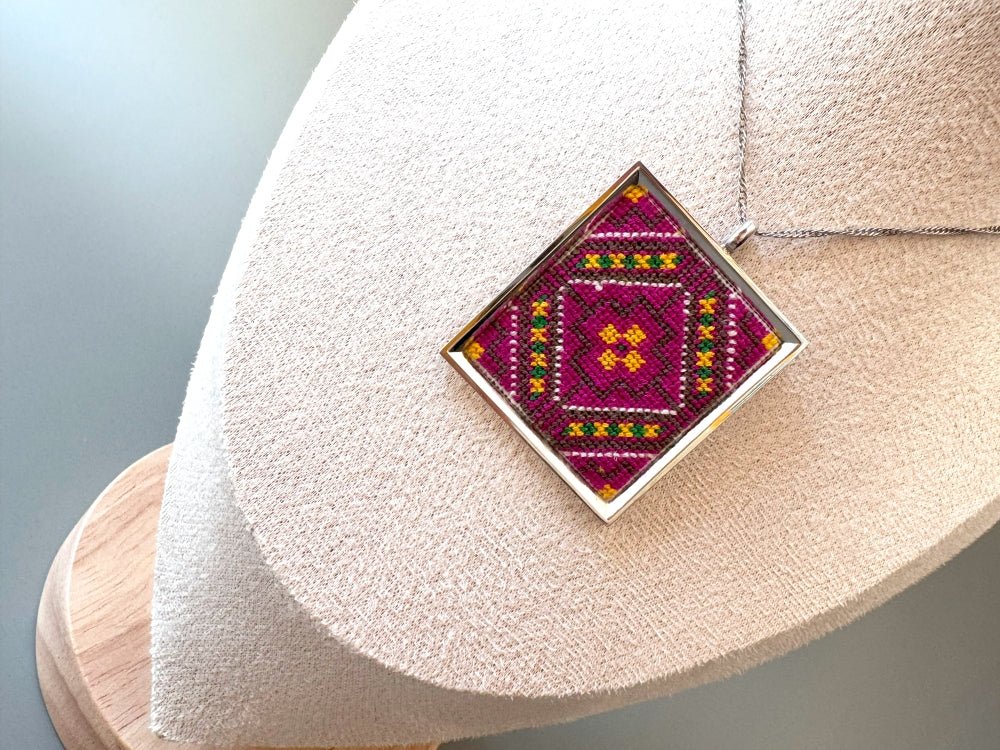 Unique hand embroidered pendant in oriental design inspired by traditional Turkish carpets, set in custom silver frame - Ornamentico shop