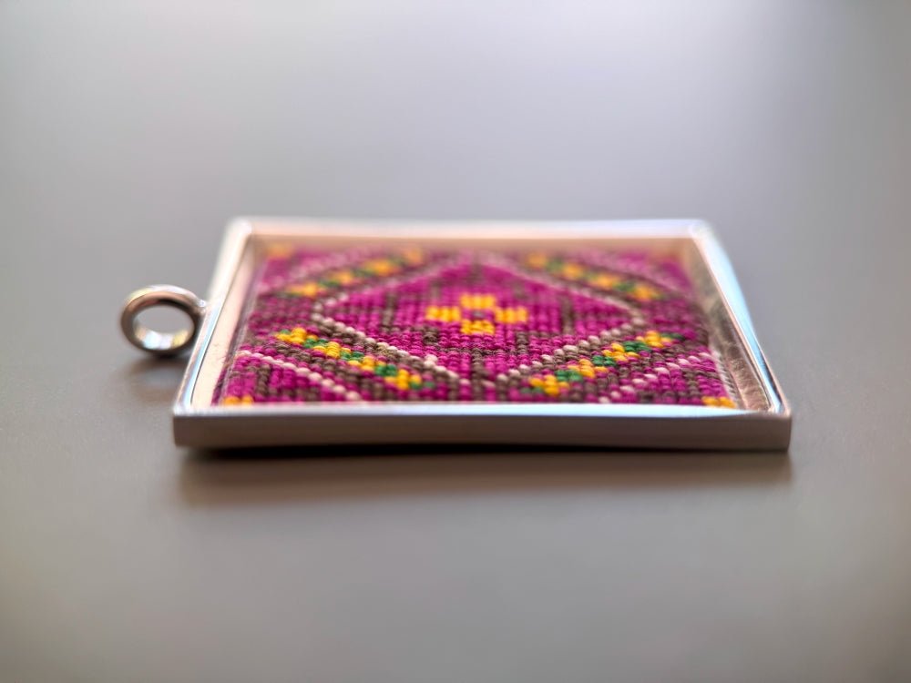 Unique hand embroidered pendant in oriental design inspired by traditional Turkish carpets, set in custom silver frame - Ornamentico shop