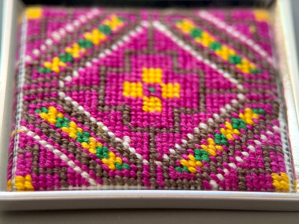 Unique hand embroidered pendant in oriental design inspired by traditional Turkish carpets, set in custom silver frame - Ornamentico shop