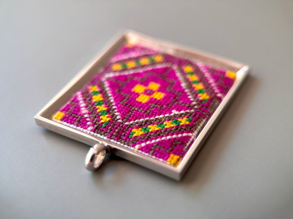 Unique hand embroidered pendant in oriental design inspired by traditional Turkish carpets, set in custom silver frame - Ornamentico shop