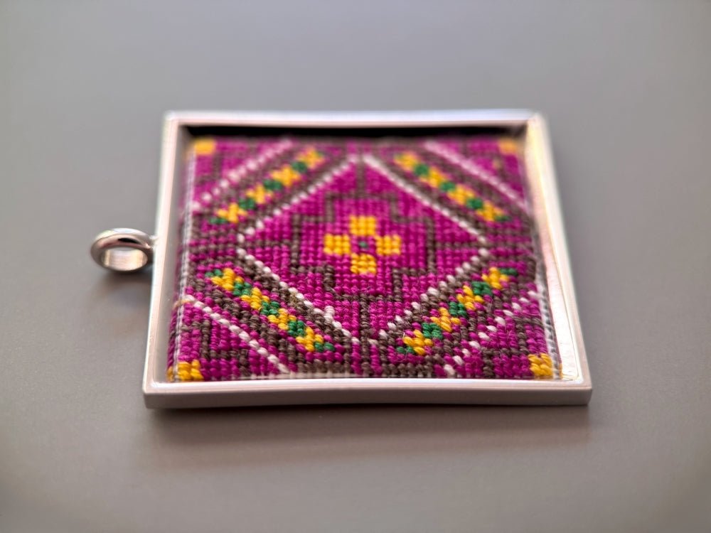 Unique hand embroidered pendant in oriental design inspired by traditional Turkish carpets, set in custom silver frame - Ornamentico shop