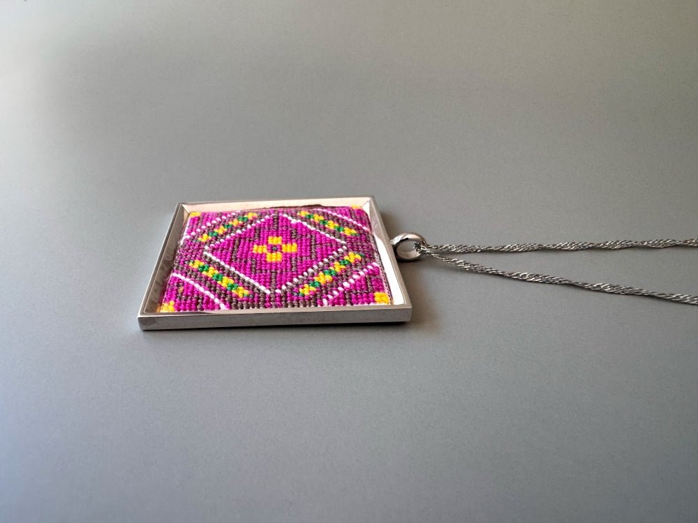 Unique hand embroidered pendant in oriental design inspired by traditional Turkish carpets, set in custom silver frame - Ornamentico shop