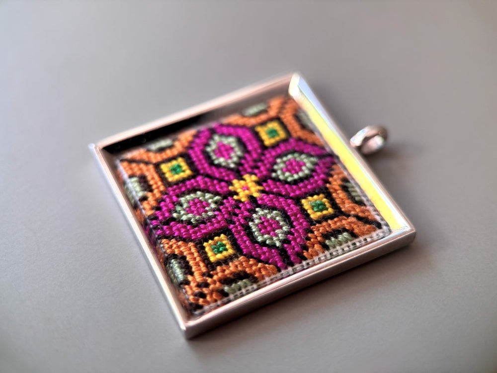 Unique hand embroidered pendant in oriental design inspired by traditional Turkish carpets, set in custom silver frame - Ornamentico shop