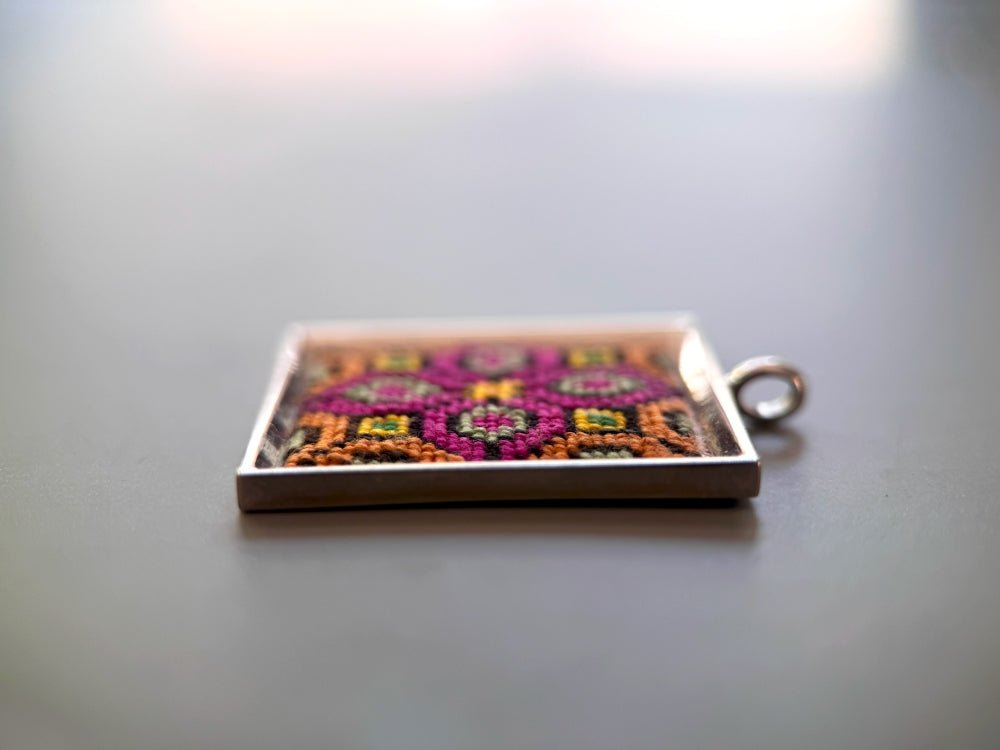 Unique hand embroidered pendant in oriental design inspired by traditional Turkish carpets, set in custom silver frame - Ornamentico shop