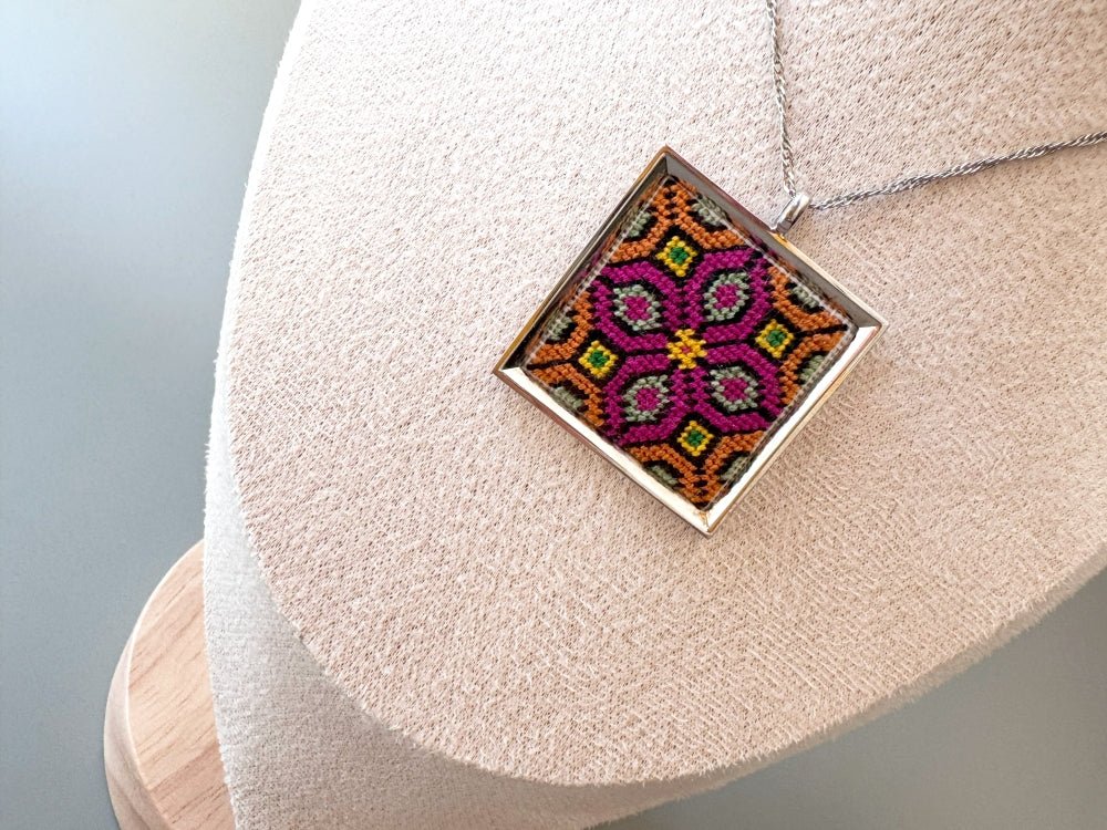 Unique hand embroidered pendant in oriental design inspired by traditional Turkish carpets, set in custom silver frame - Ornamentico shop
