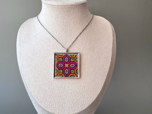 Unique hand embroidered pendant in oriental design inspired by traditional Turkish carpets, set in custom silver frame - Ornamentico shop