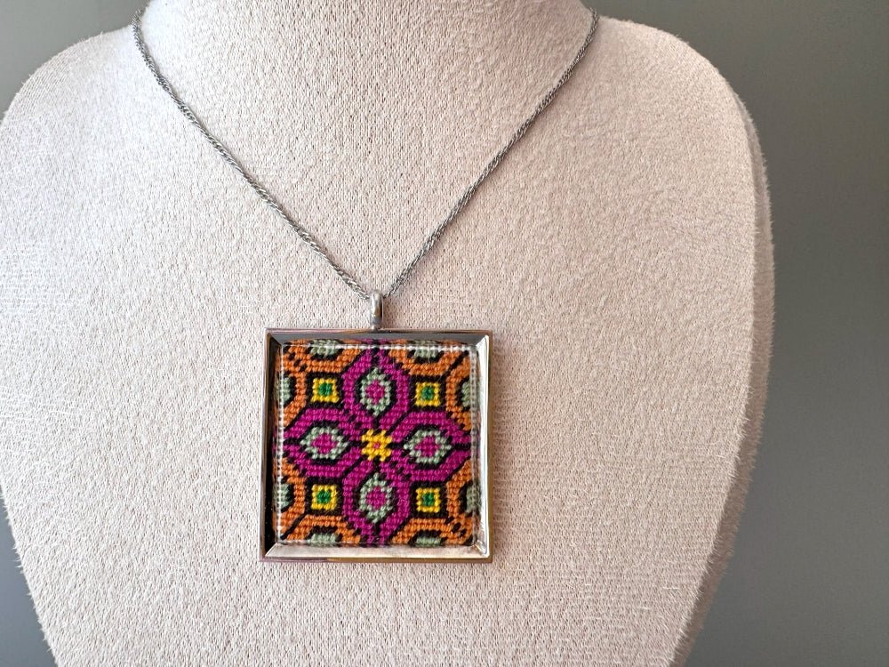 Unique hand embroidered pendant in oriental design inspired by traditional Turkish carpets, set in custom silver frame - Ornamentico shop