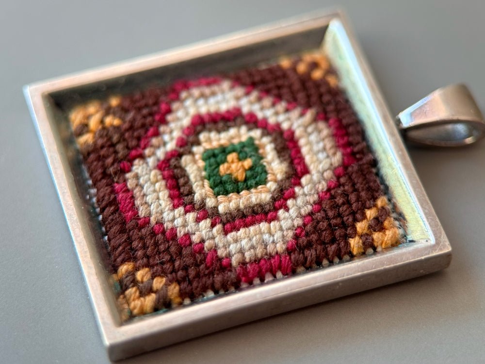 Unique pendant with delicate hand embroidery in oriental design, set in custom silver frame - Ornamentico shop