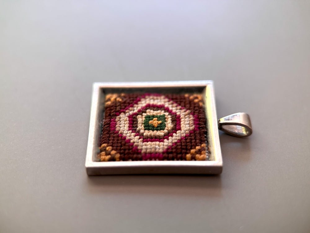 Unique pendant with delicate hand embroidery in oriental design, set in custom silver frame - Ornamentico shop