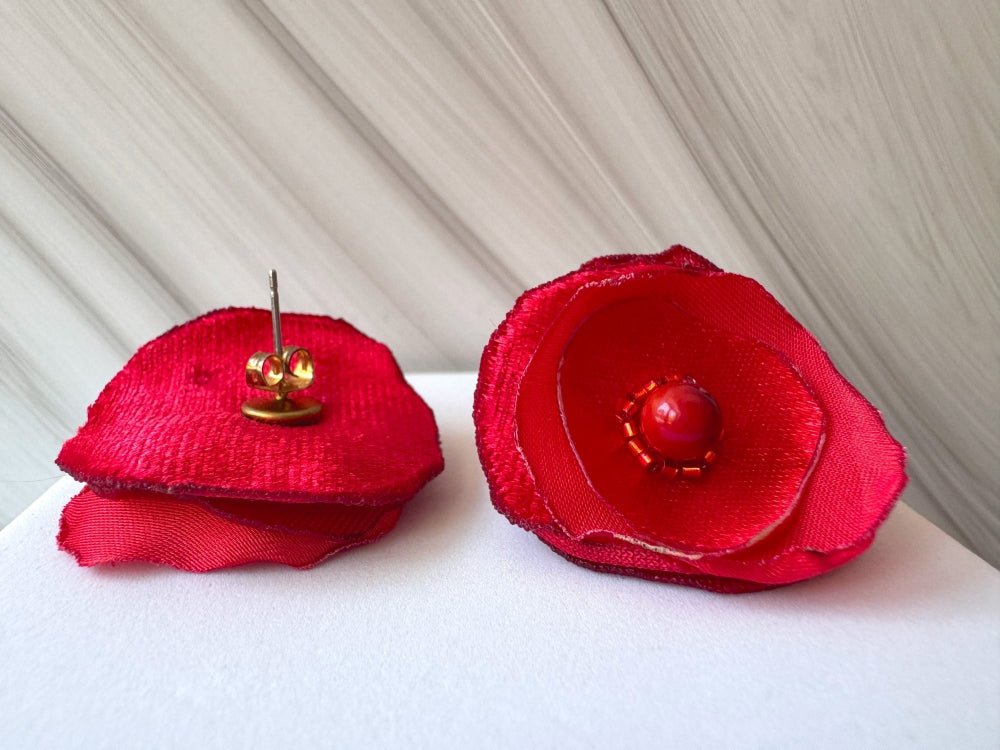 Handmade light-weight floral stud earrings in vivid scarlet red, inspired by poppies. Crafted with organza, satin, velvet, red jasper, and Miyuki glass beads - Ornamentico shop