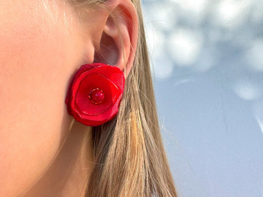 Handmade light-weight floral stud earrings in vivid scarlet red, inspired by poppies. Crafted with organza, satin, velvet, red jasper, and Miyuki glass beads - Ornamentico shop