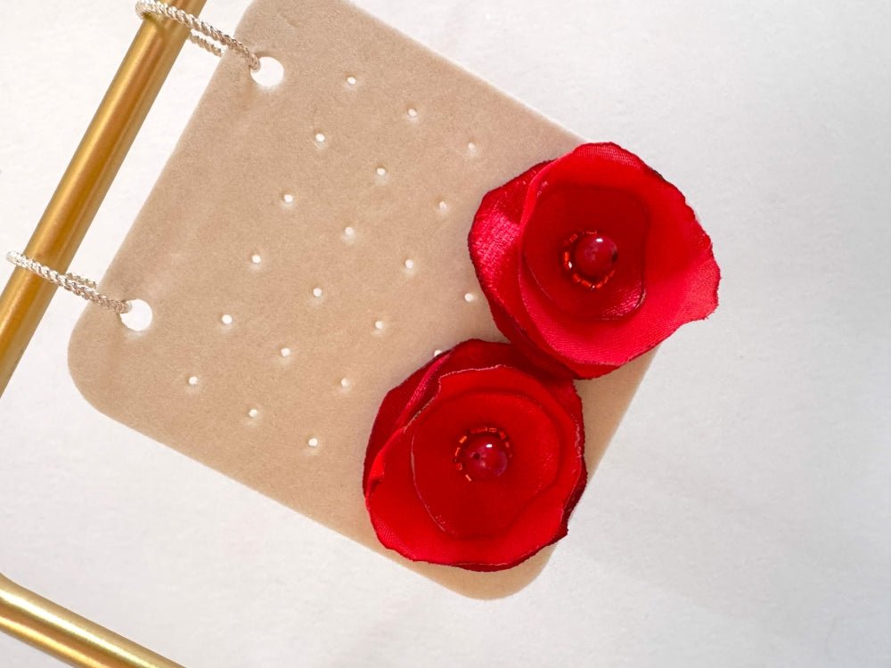 Handmade light-weight floral stud earrings in vivid scarlet red, inspired by poppies. Crafted with organza, satin, velvet, red jasper, and Miyuki glass beads - Ornamentico shop