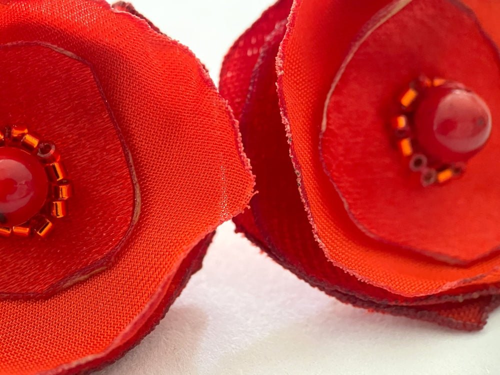 Handmade light-weight floral stud earrings in vivid scarlet red, inspired by poppies. Crafted with organza, satin, velvet, red jasper, and Miyuki glass beads - Ornamentico shop