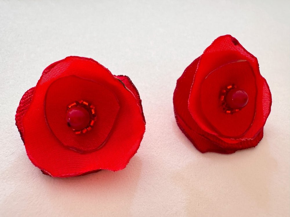 Handmade light-weight floral stud earrings in vivid scarlet red, inspired by poppies. Crafted with organza, satin, velvet, red jasper, and Miyuki glass beads - Ornamentico shop