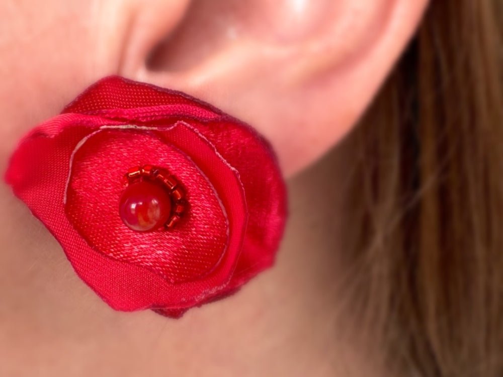 Handmade light-weight floral stud earrings in vivid scarlet red, inspired by poppies. Crafted with organza, satin, velvet, red jasper, and Miyuki glass beads - Ornamentico shop