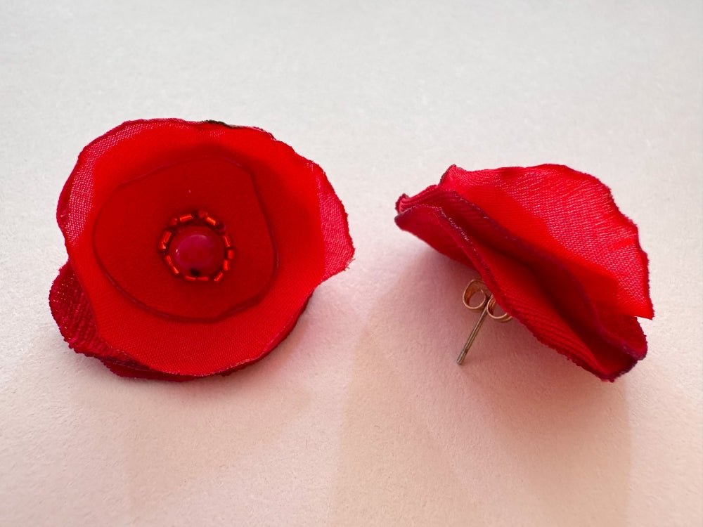 Handmade light-weight floral stud earrings in vivid scarlet red, inspired by poppies. Crafted with organza, satin, velvet, red jasper, and Miyuki glass beads - Ornamentico shop