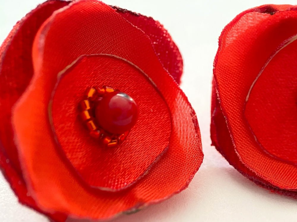 Handmade light-weight floral stud earrings in vivid scarlet red, inspired by poppies. Crafted with organza, satin, velvet, red jasper, and Miyuki glass beads - Ornamentico shop