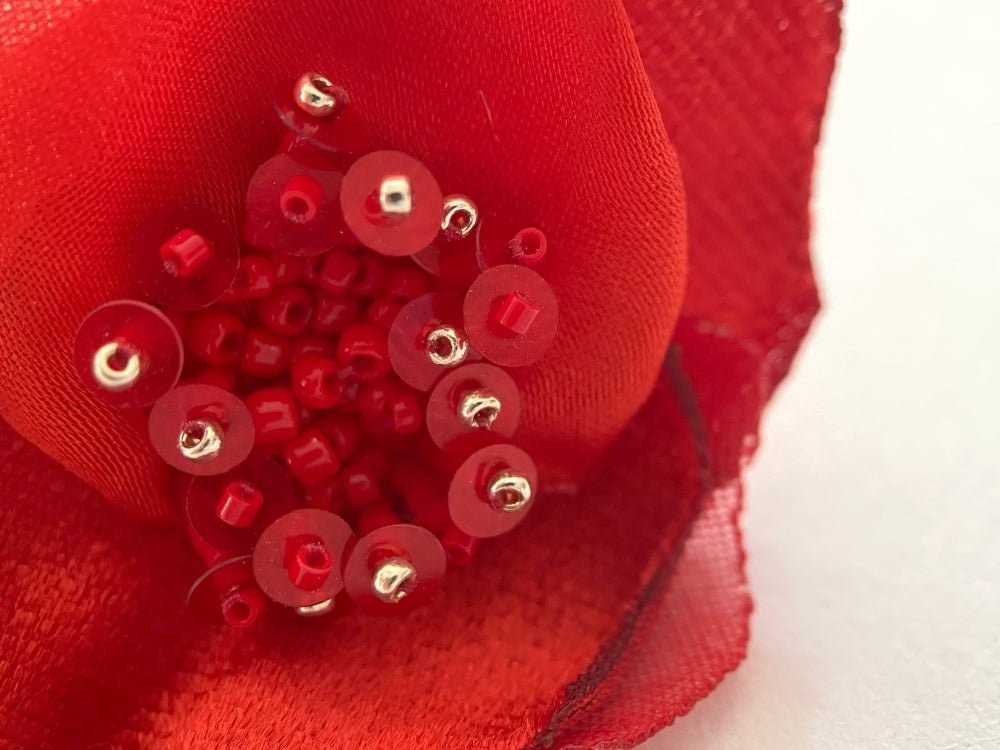 Handcrafted scarlet poppy ring made from layered fabric, beads & sequins set on the adjustable base - Ornamentico shop