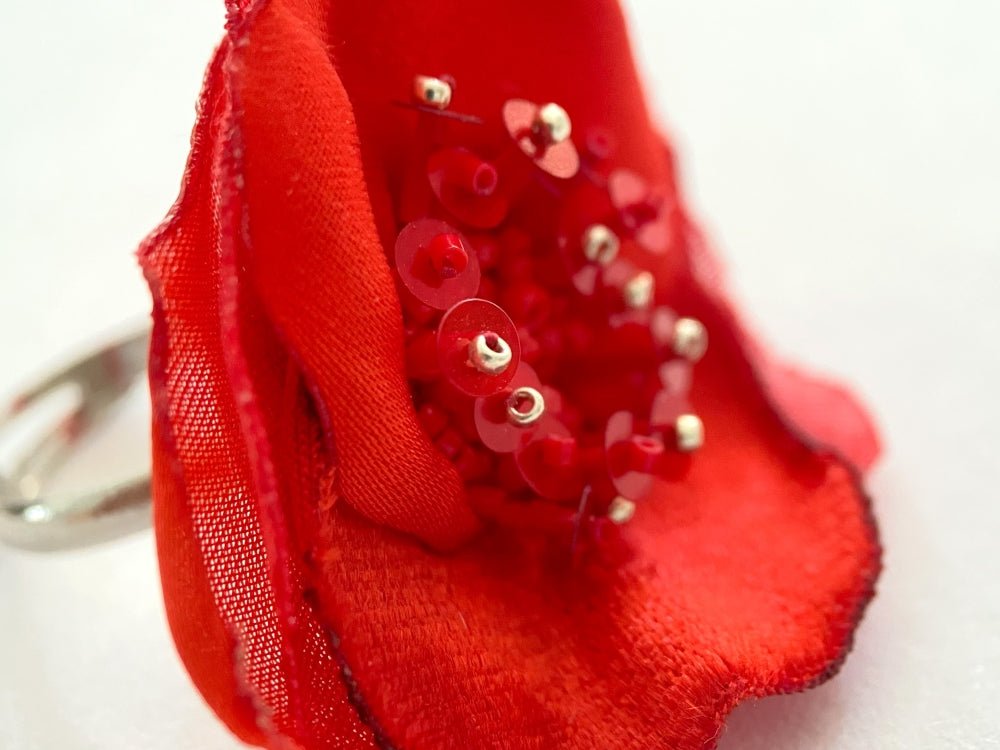 Handcrafted scarlet poppy ring made from layered fabric, beads & sequins set on the adjustable base - Ornamentico shop