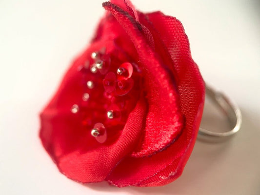 Handcrafted scarlet poppy ring made from layered fabric, beads & sequins set on the adjustable base - Ornamentico shop