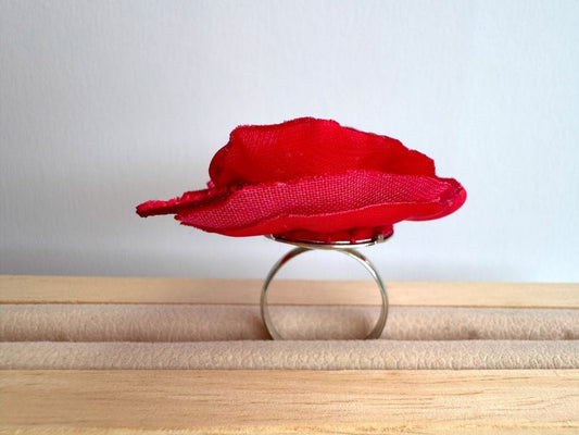 Handcrafted scarlet poppy ring made from layered fabric, beads & sequins set on the adjustable base - Ornamentico shop
