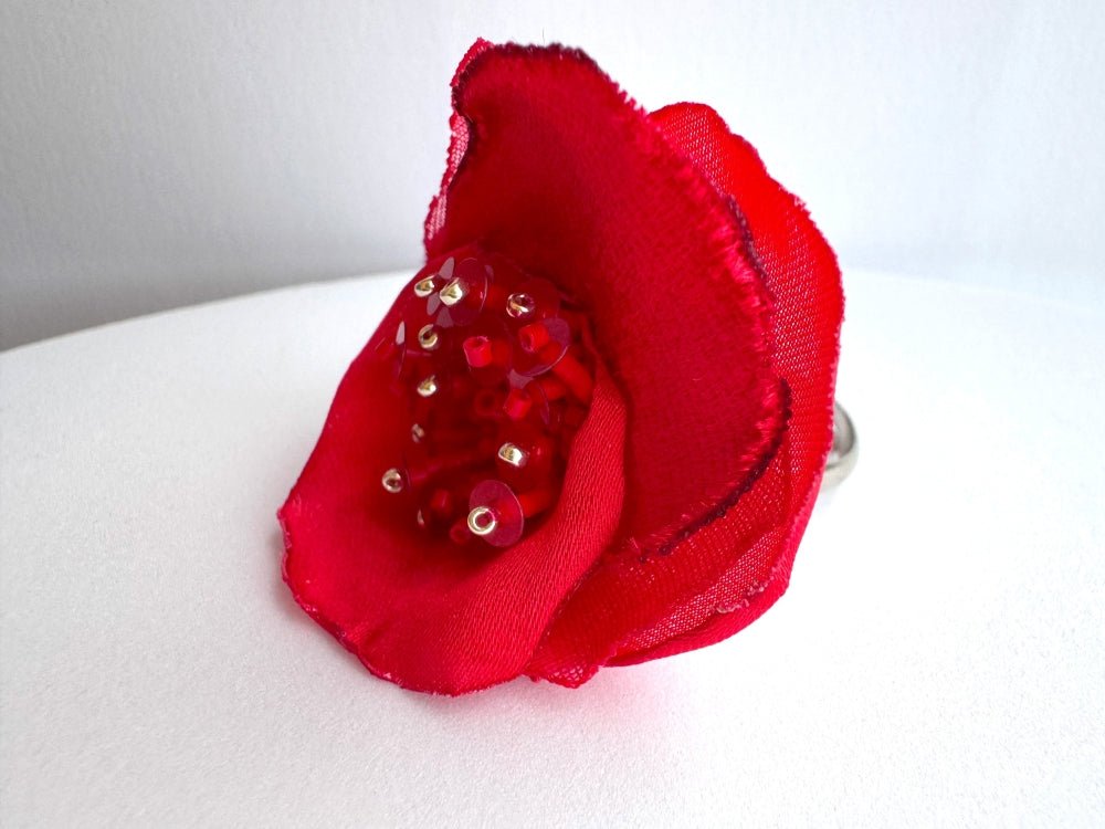 Handcrafted scarlet poppy ring made from layered fabric, beads & sequins set on the adjustable base - Ornamentico shop