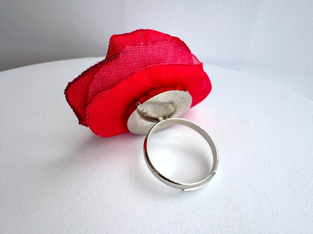 Handcrafted scarlet poppy ring made from layered fabric, beads & sequins set on the adjustable base - Ornamentico shop