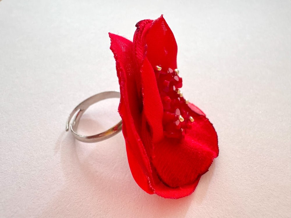 Handcrafted scarlet poppy ring made from layered fabric, beads & sequins set on the adjustable base - Ornamentico shop