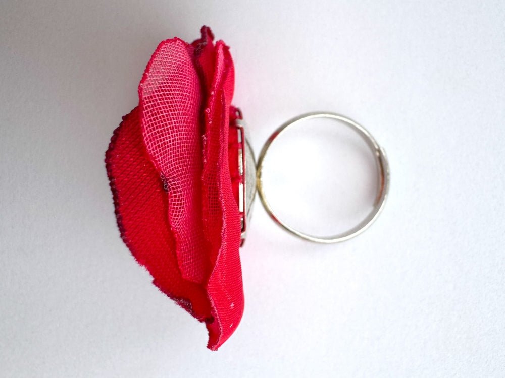 Handcrafted scarlet poppy ring made from layered fabric, beads & sequins set on the adjustable base - Ornamentico shop