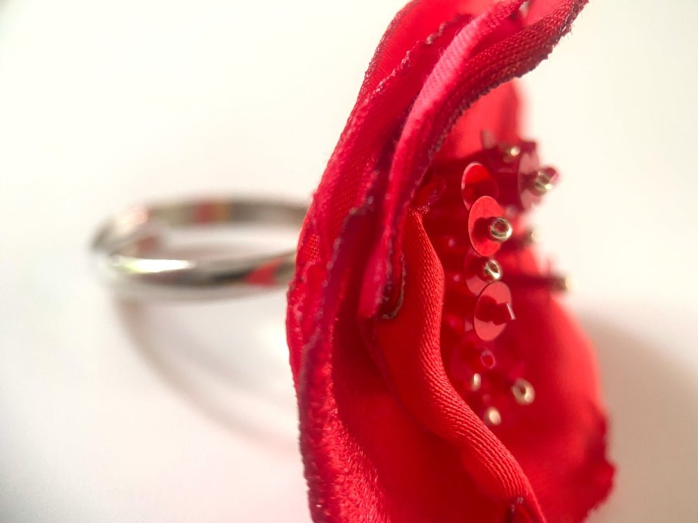 Handcrafted scarlet poppy ring made from layered fabric, beads & sequins set on the adjustable base - Ornamentico shop