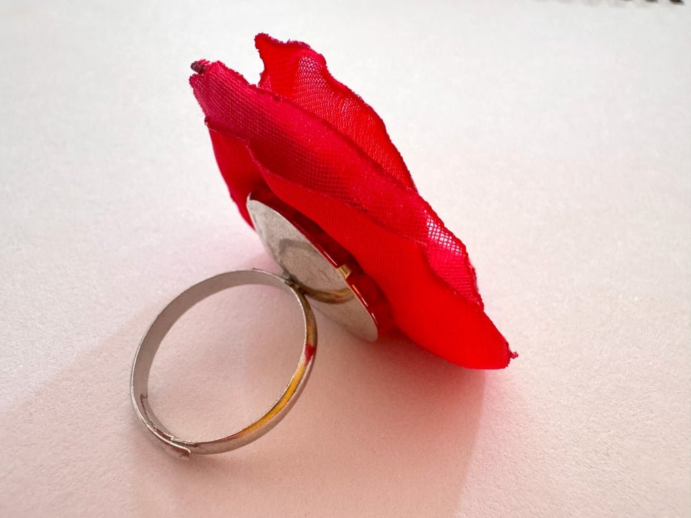 Handcrafted scarlet poppy ring made from layered fabric, beads & sequins set on the adjustable base - Ornamentico shop